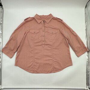 Talbots Women Plus Size 2X Coral Pink Cotton Roll Tab 3/4 Sleeves Pullover Top
